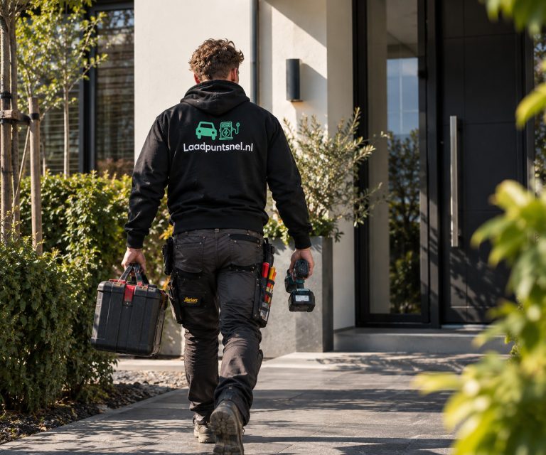 Installateur van Laadpuntsnel aan het werk bij een laadpaal
